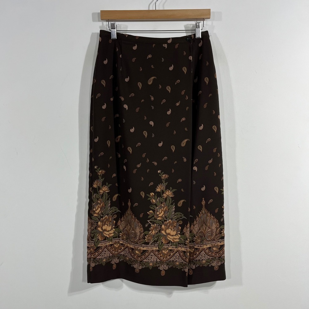 KarenScott VTG 90s Fairy Grunge Brown Paisley Floral Faux Wrap Midi Skirt Medium